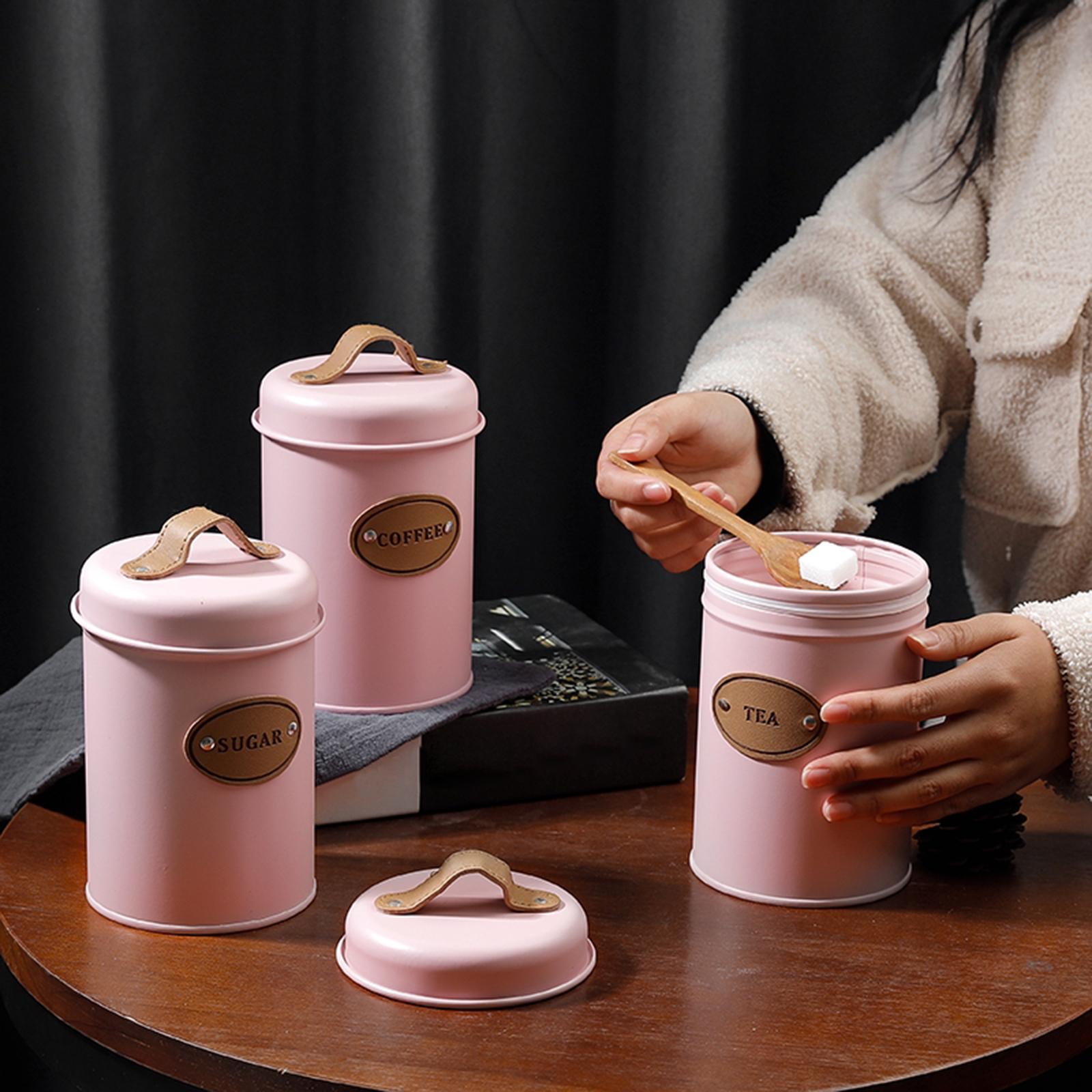 3x Multi-Function Kitchen Tea Coffee Sugar Container Keep Goods Fresh Pink
