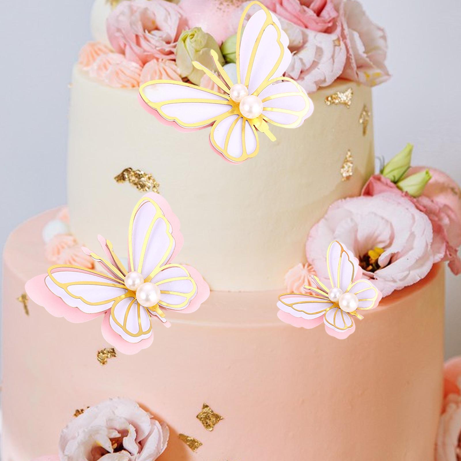 3 Pieces Butterfly Cake Toppers Wedding Small Happy Birthday Cupcakes Toppers pink