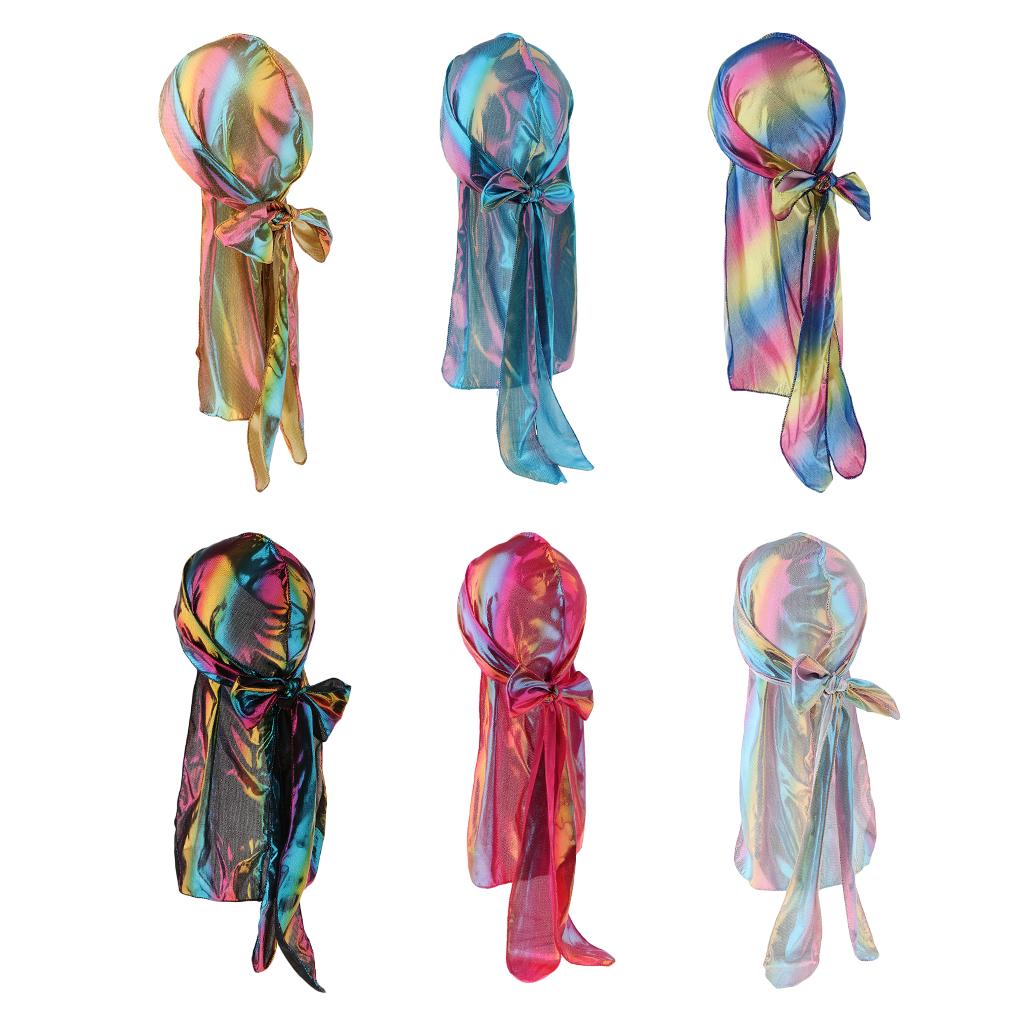 2xShiny Rainbow Silky Chemo Scarf Cap Musilim Hat Durag Headwrap Gold