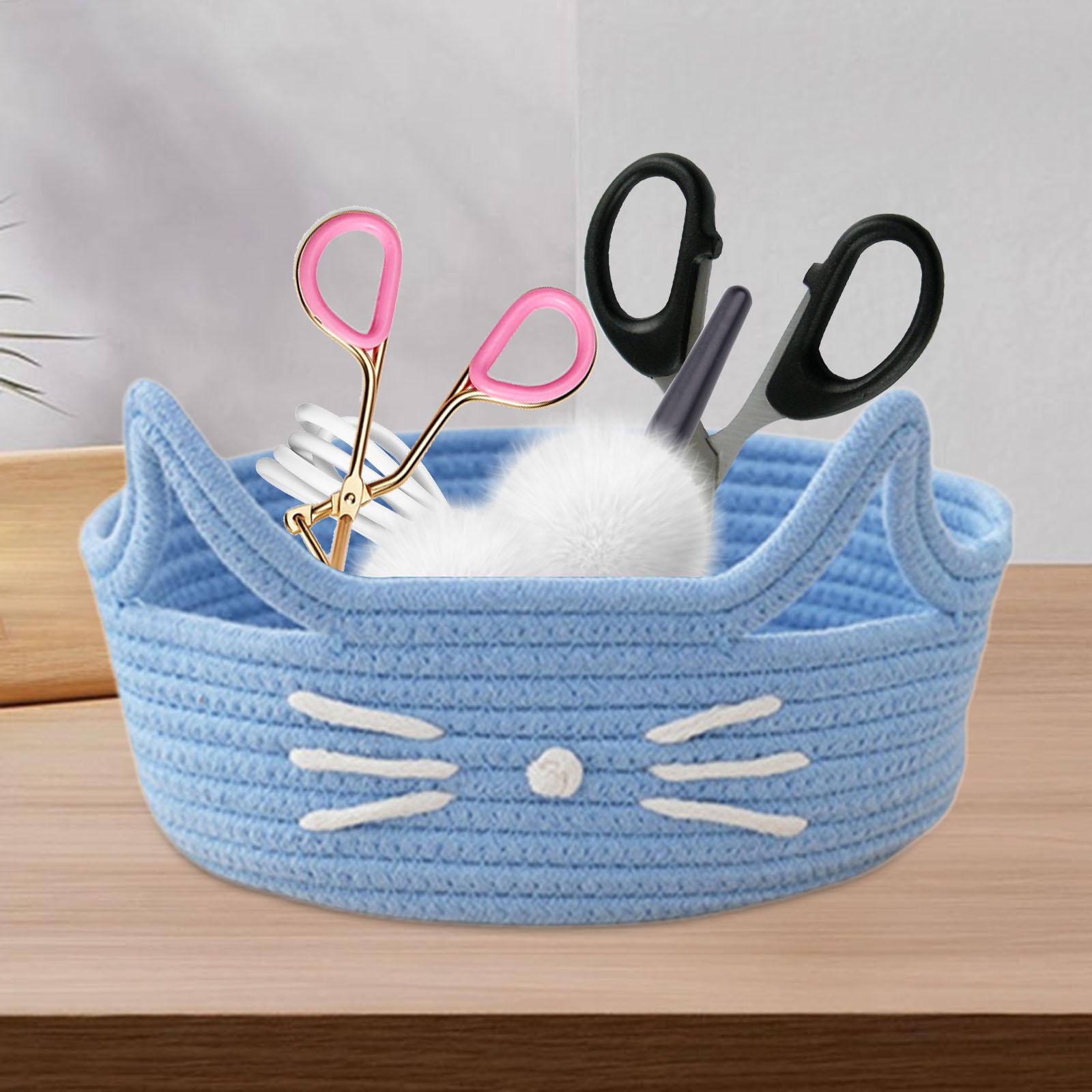 Cartoon Cat Cotton Rope Basket Lightweight for Hotel Drawing Room Restaurant Blue