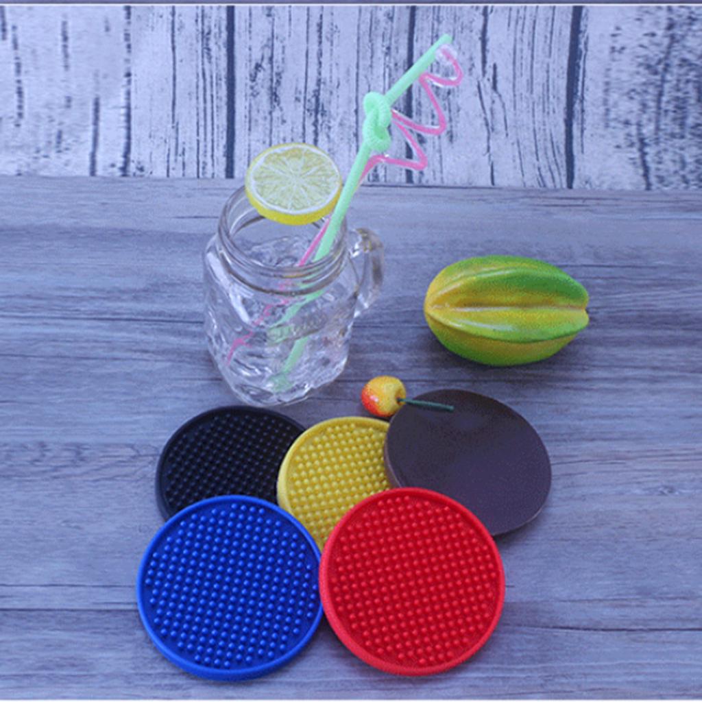 6xRound Drink Coasters Soft Silicone Cup Holder Mat Tableware Placemat Brown