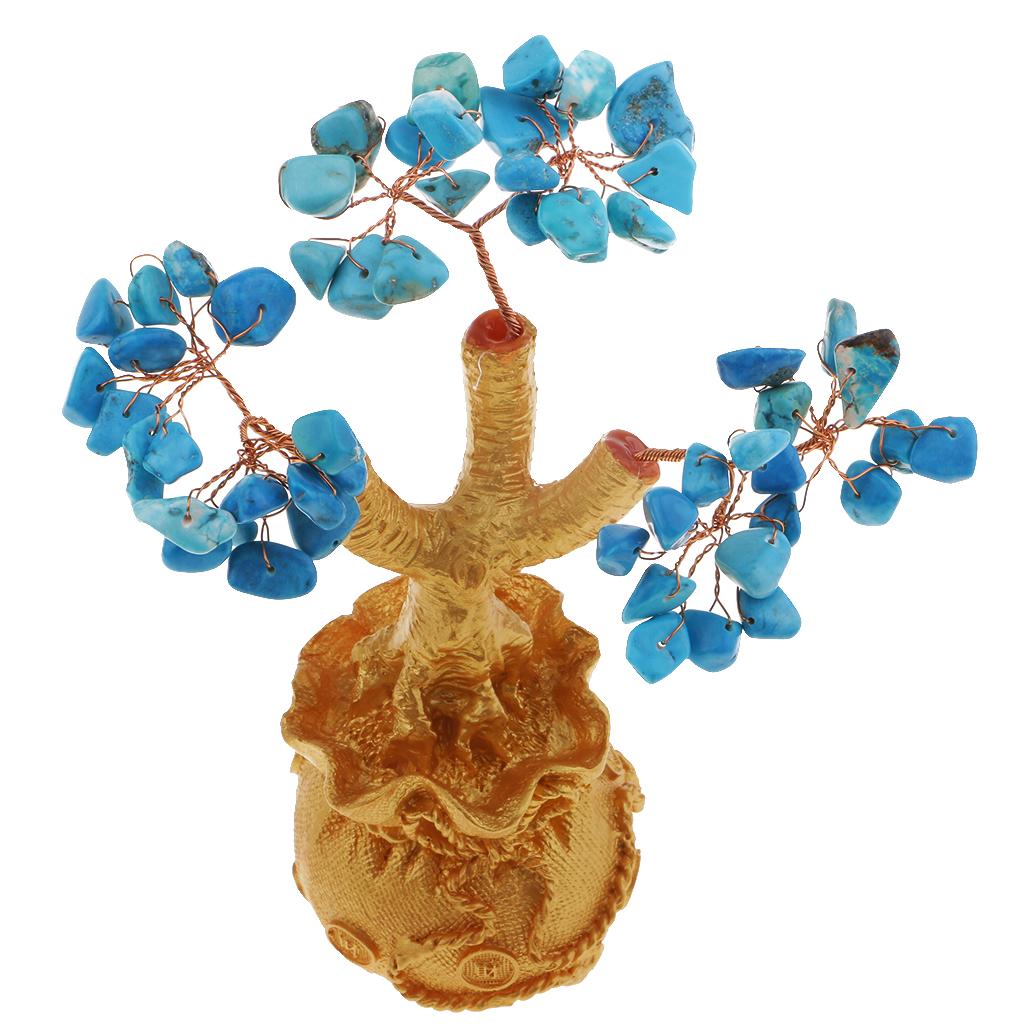 Mini Feng Shui Bring Wealth Luck Tree Crystal Money Tree Purse Blue