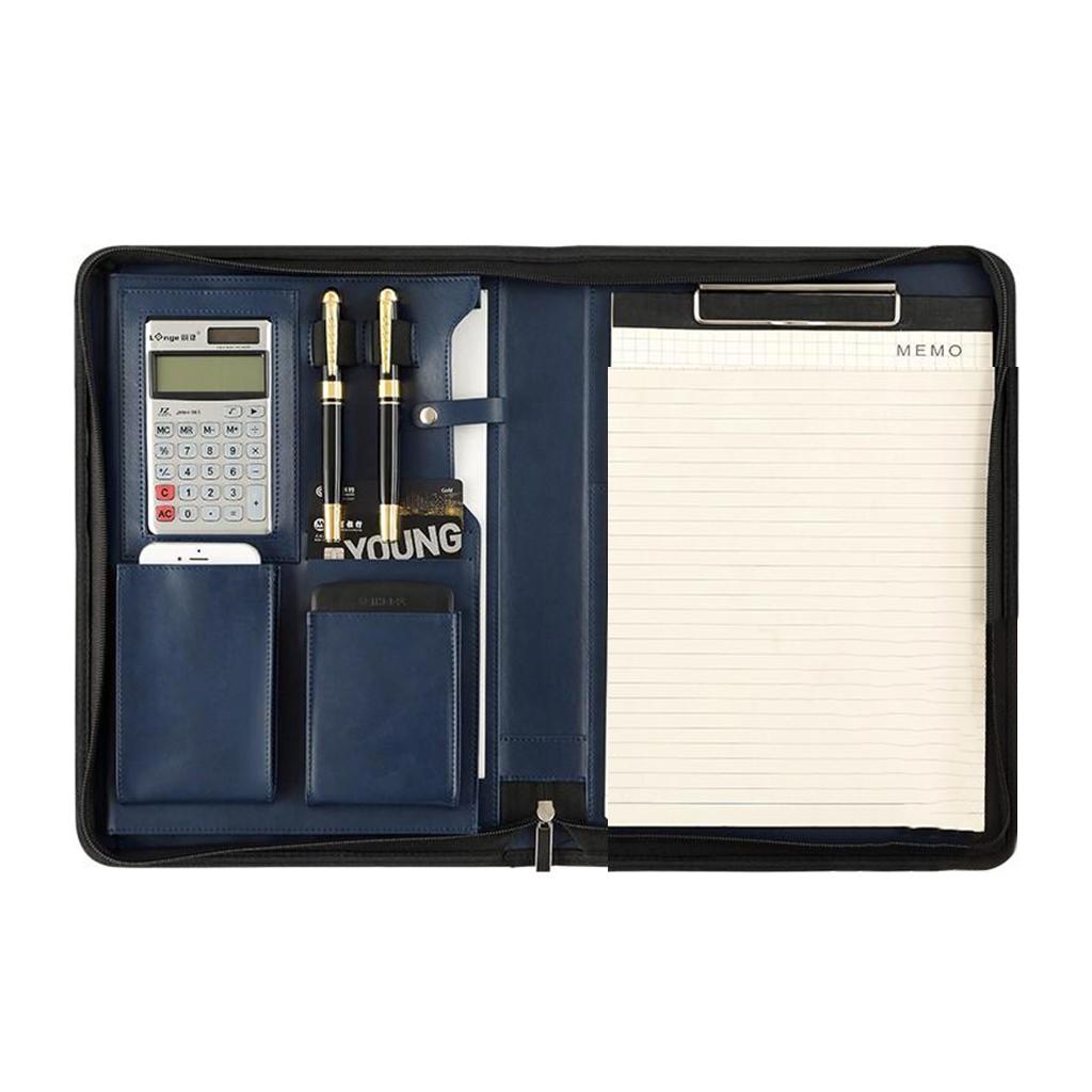 Zippered PU Leather Portfolio Organizer Business Document Folder Bag Blue E