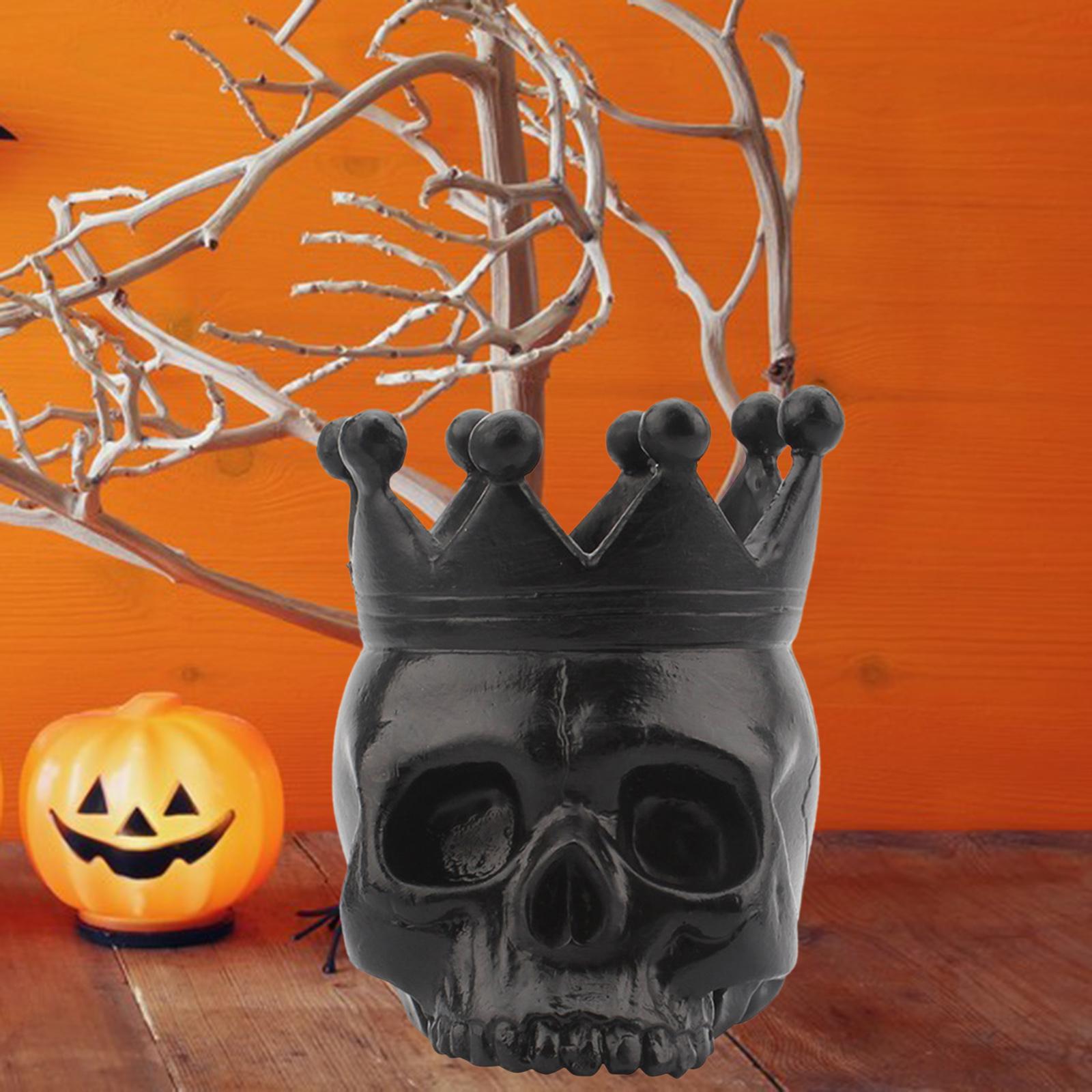 Skeleton Human Head Skull Halloween Statue Resin Sculpture Candle Holder Black