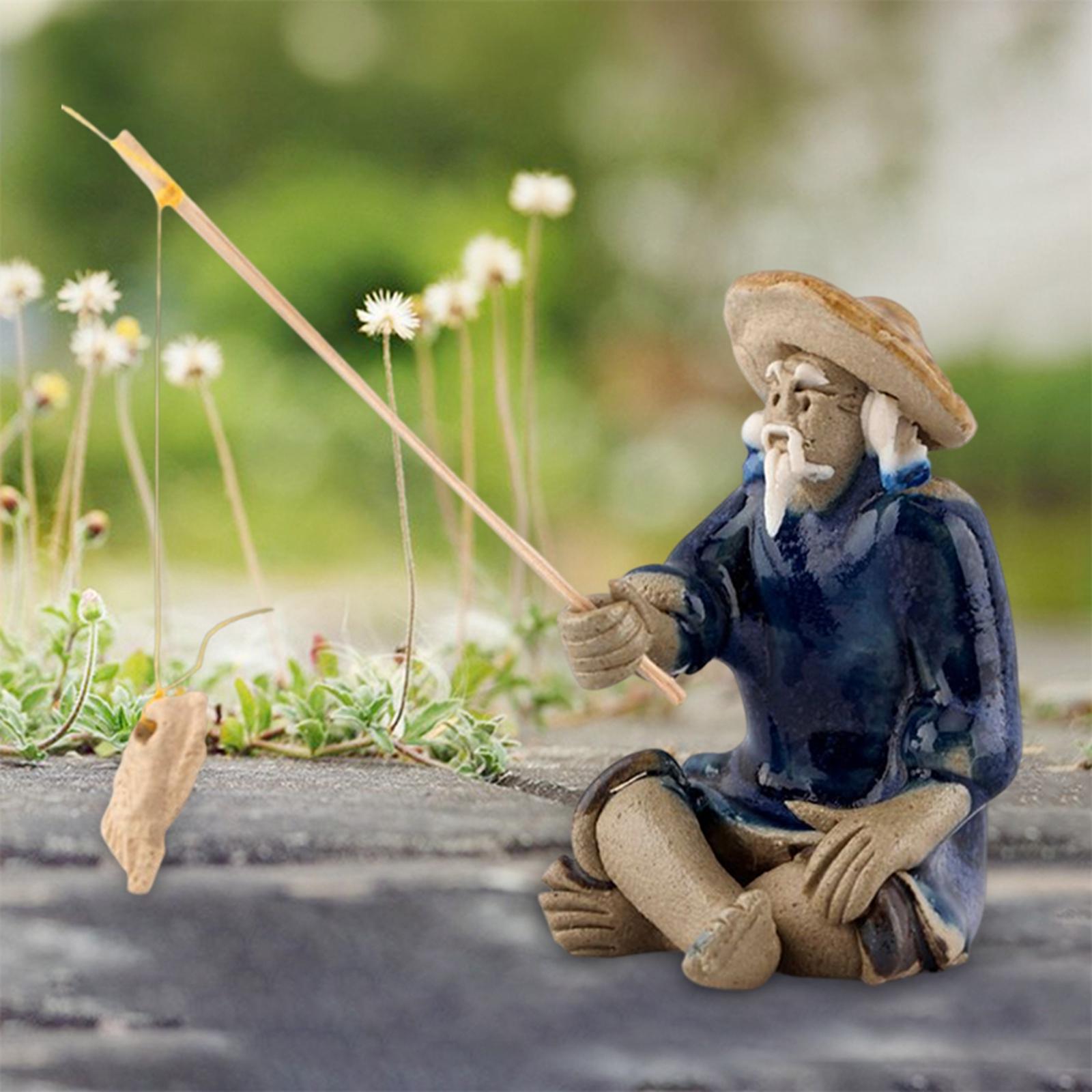 Miniature Fisherman Figurine Ceramic Sculpture for Bonsai Aquarium L