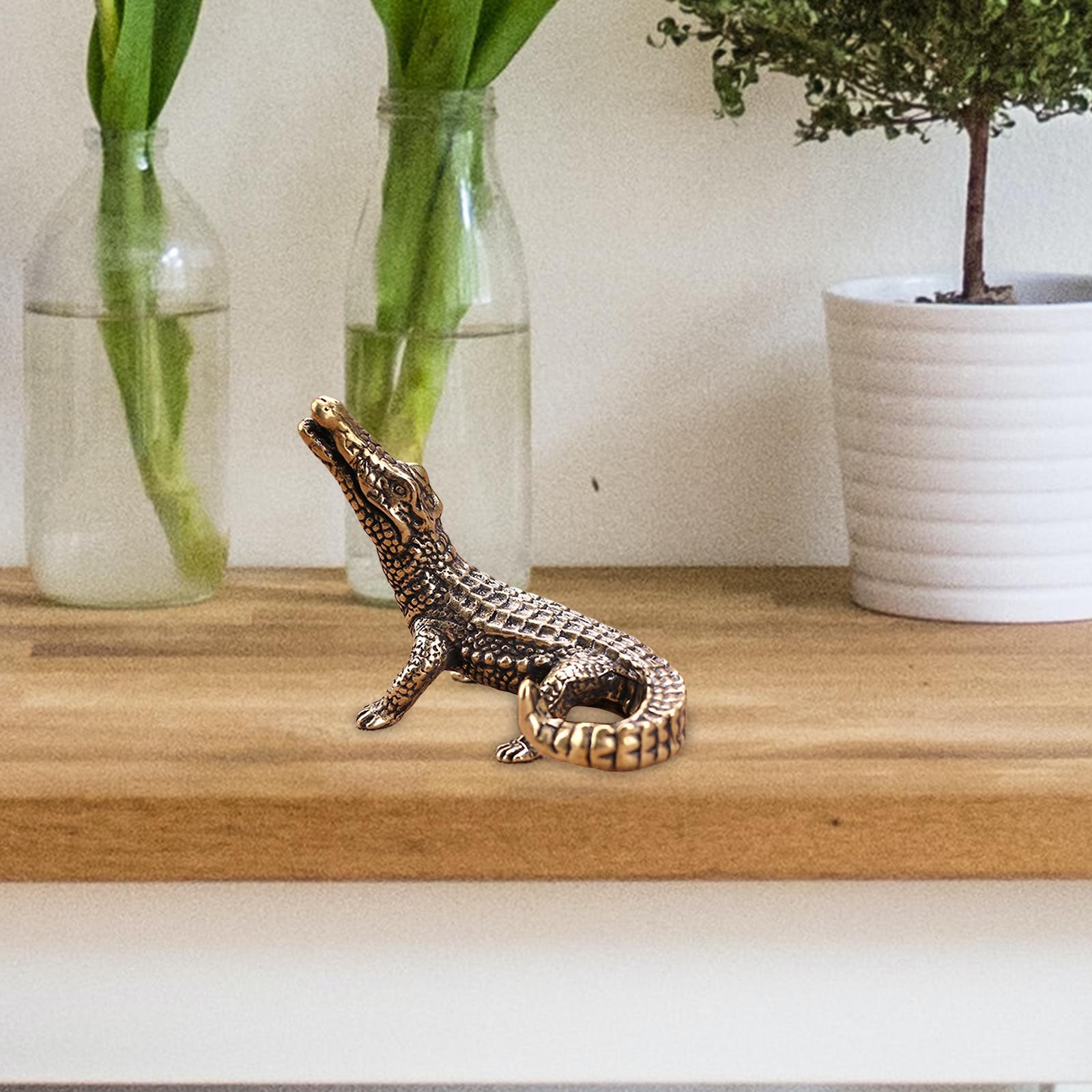Brass Crocodile Figurine Portable Arts for Desk Car Dashboard Household