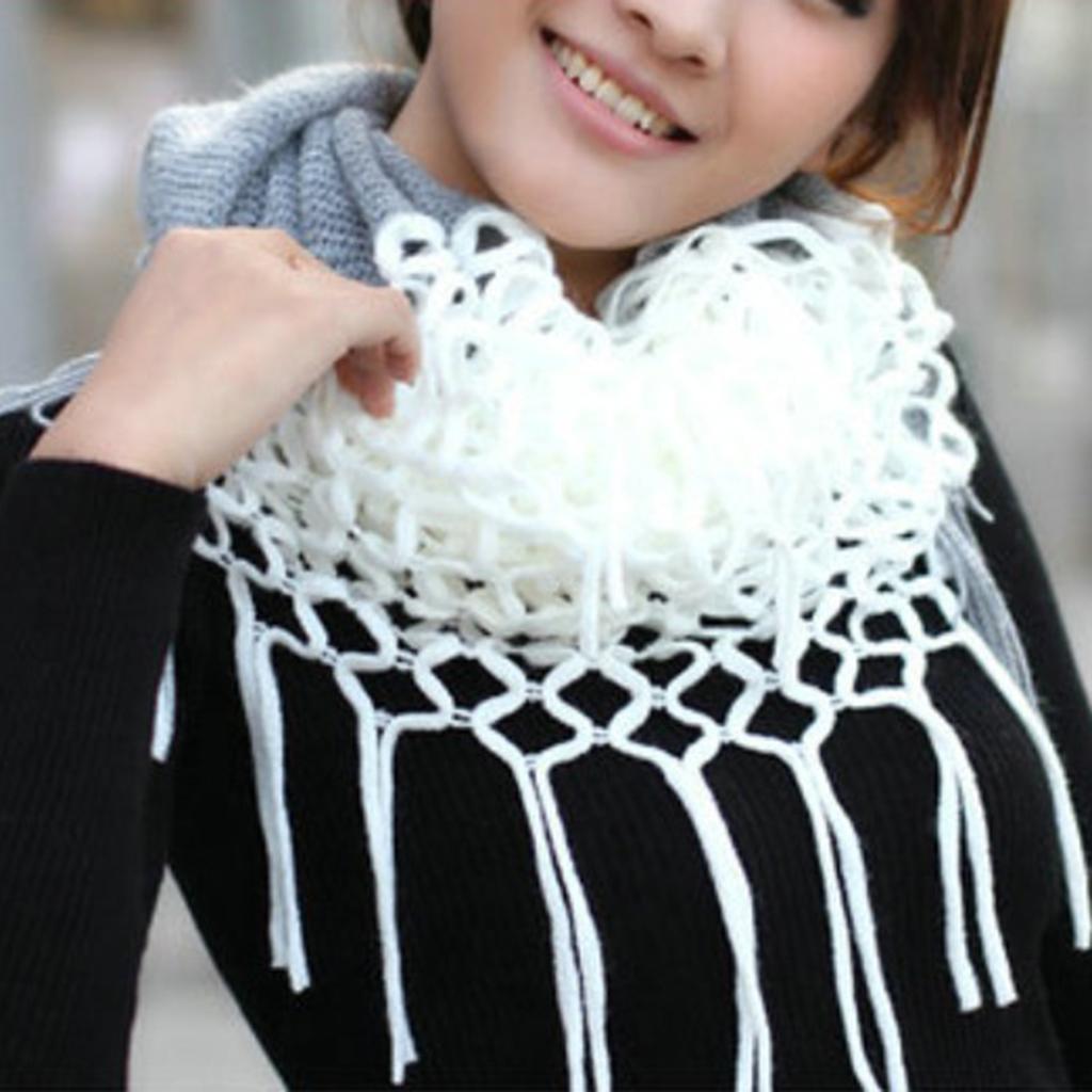 Ladies Chic Hollow Out Tassels Scarf Knitting Fishnet Soft Warm Beige