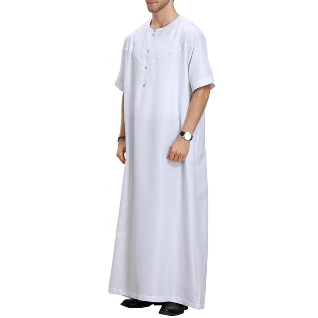 Men's Muslim Arab Islamic Solid Short Sleeve Thobe Thawb Caftan  XXXL White