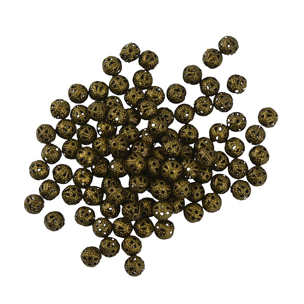 100pcs 6mm Hollow Filigree Round Metal Charms Beads Jewelry Findings Bronze