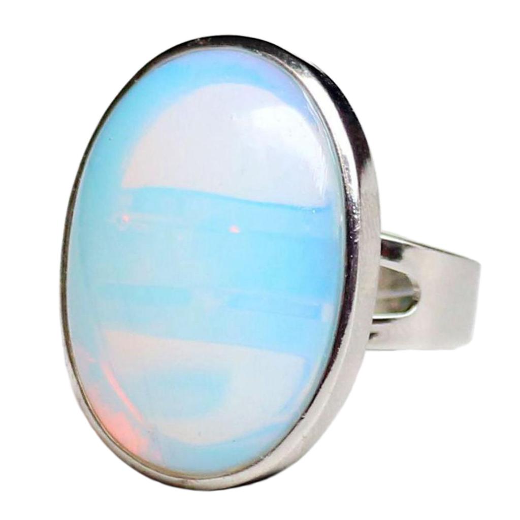 2xNatural Crystal Oval Gemstone Wedding Finger Ring Adjustable Band Opal