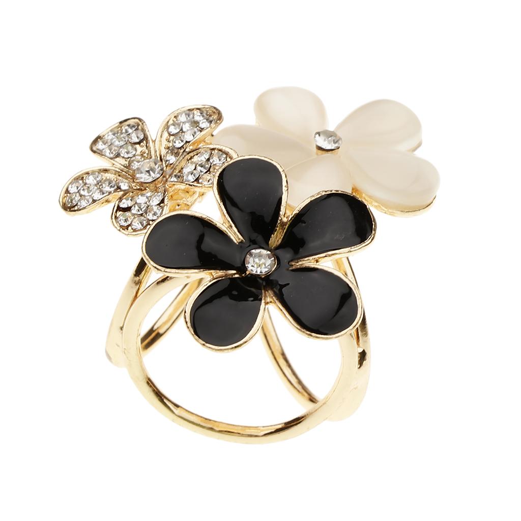 Women Flower Shape Crystal Enamel Scarf Buckle Ring Clip Scarf Jewelry Black