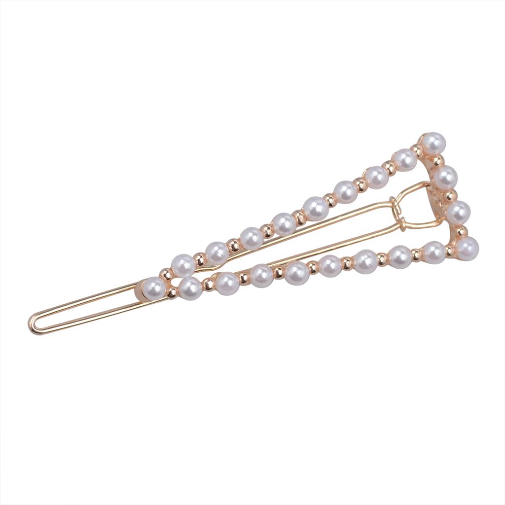 Women  Faux Pearls Beads Triangle Hair Clip Slide Hairpin Gripper Barrette Clamp