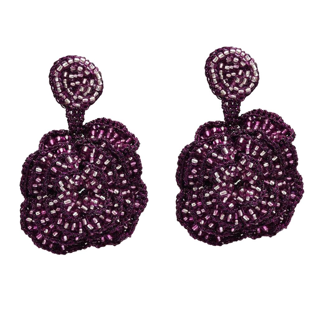 Exaggerated Rose Flower Dangle Earrings Beads Exquisite Studs Jewelry Purple