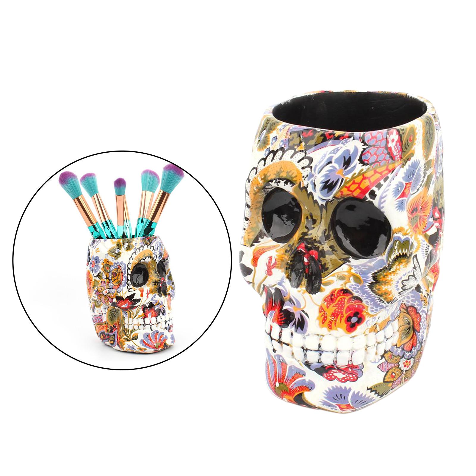 Skull Desk Organizer Pencil Holder Cosmetic Makeup Brushes Display Rack B