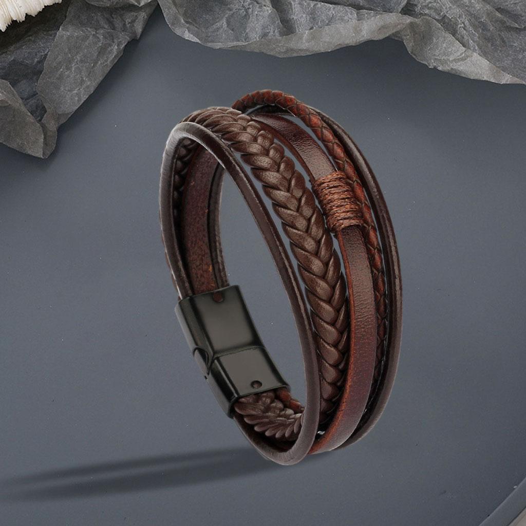 Woven Braided PU Leather Men Bracelet Bangle Wristband Brown Black Metal