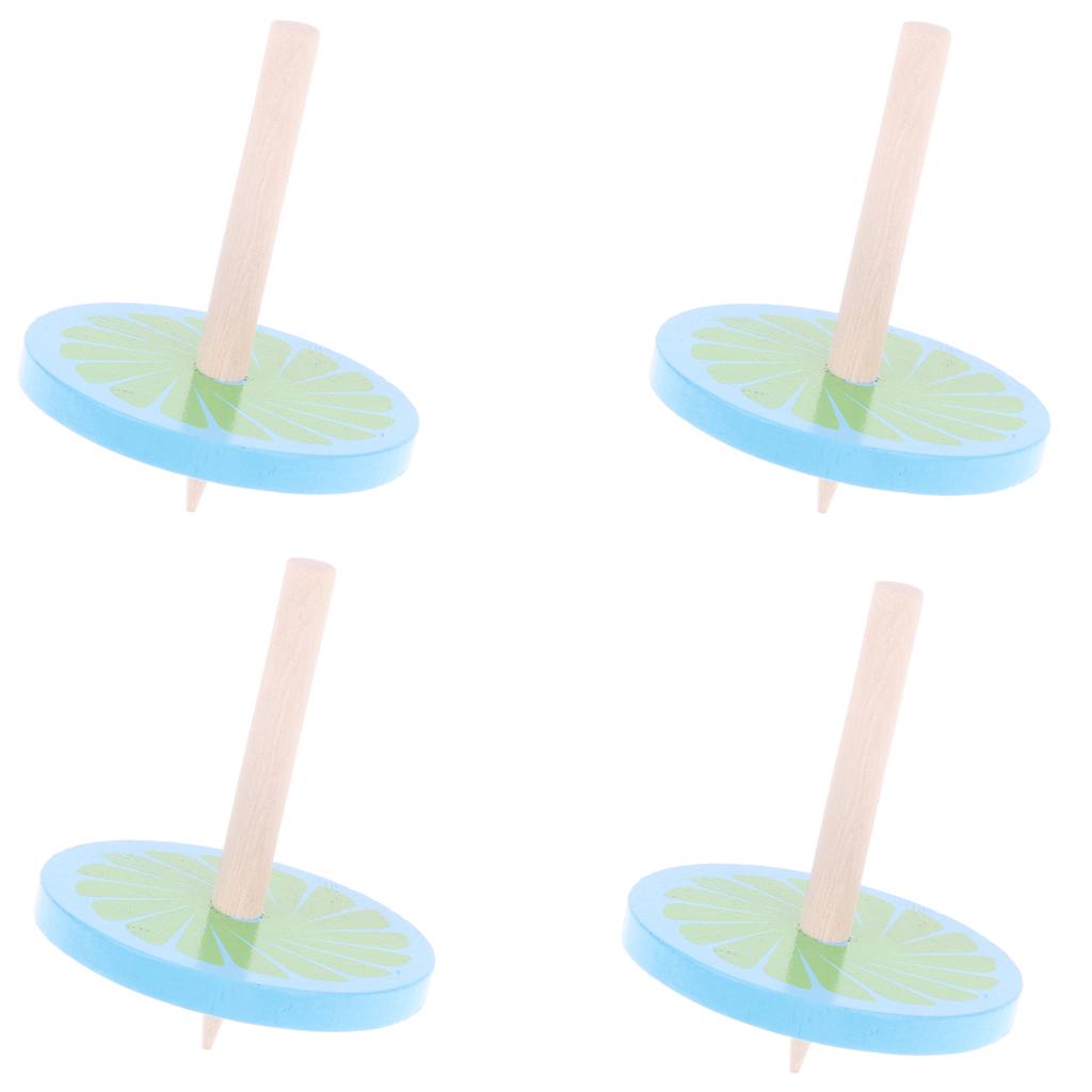 4Pcs Wooden   Tops w/ Flower Pattern Kids Game Toy Gift - Blue
