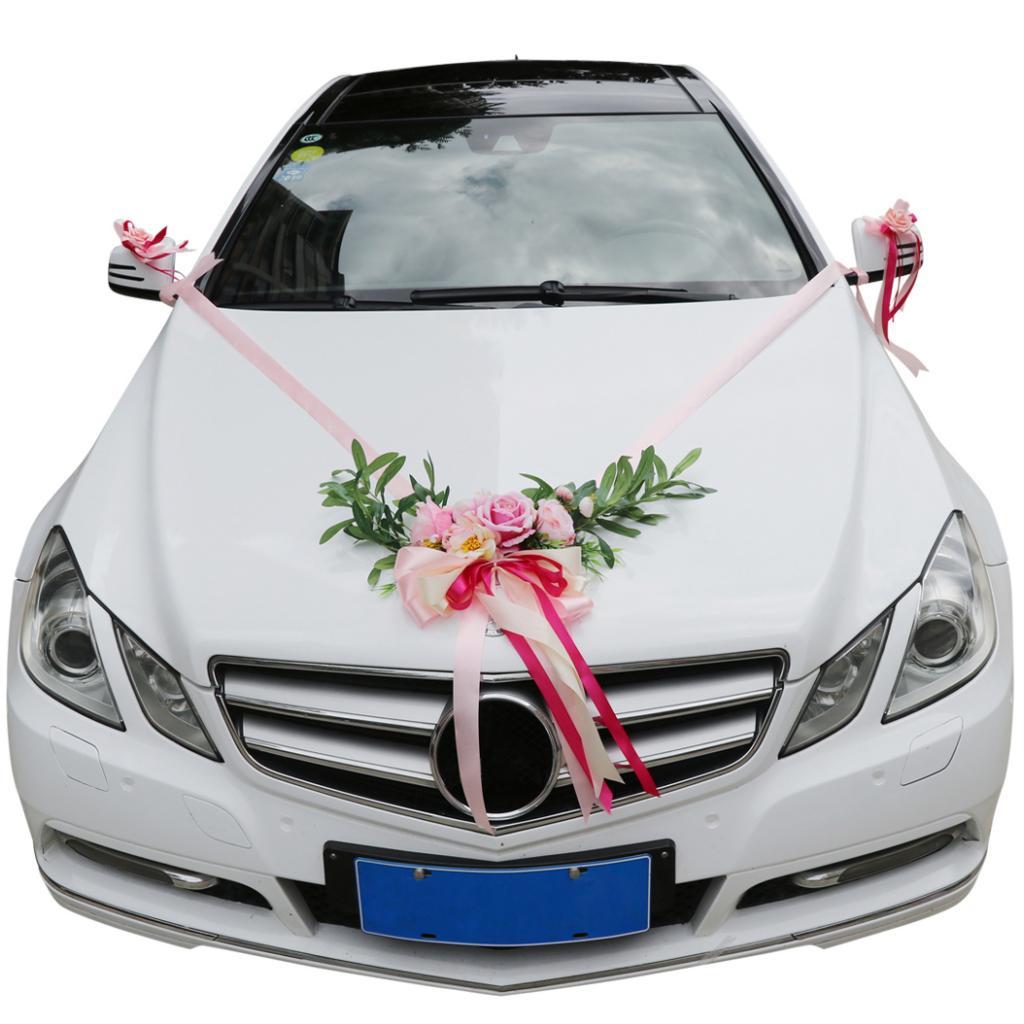 9pcs Wedding Car Decorations Kit DIY Silk Flower Wreath Ribbon and Bows