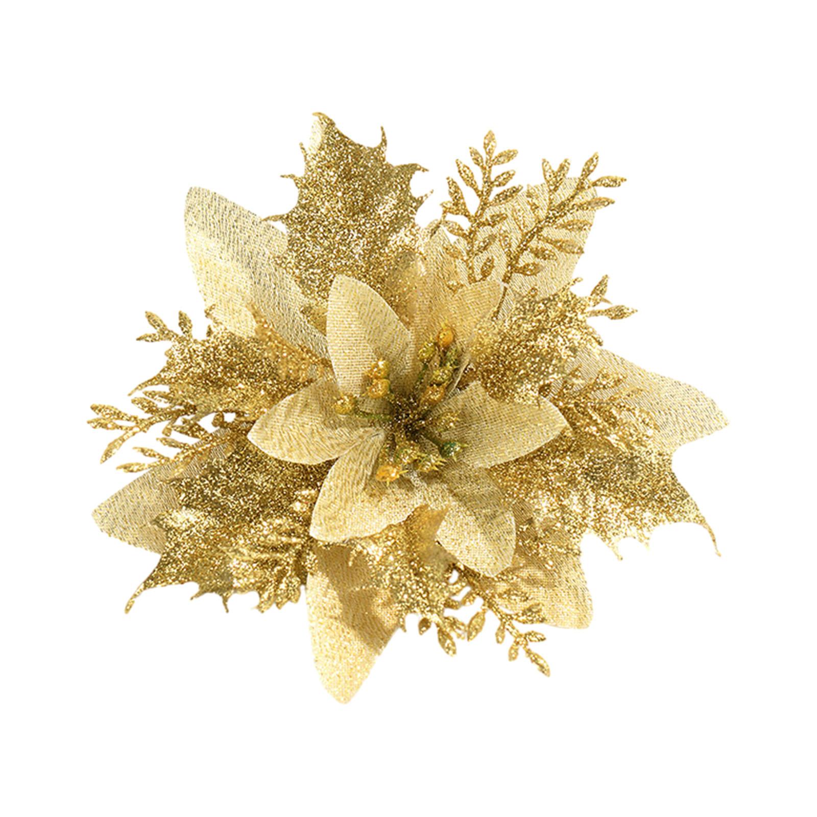 10x Artificial Poinsettia Wedding Party Fake Flower Glitter Poinsettia Golden