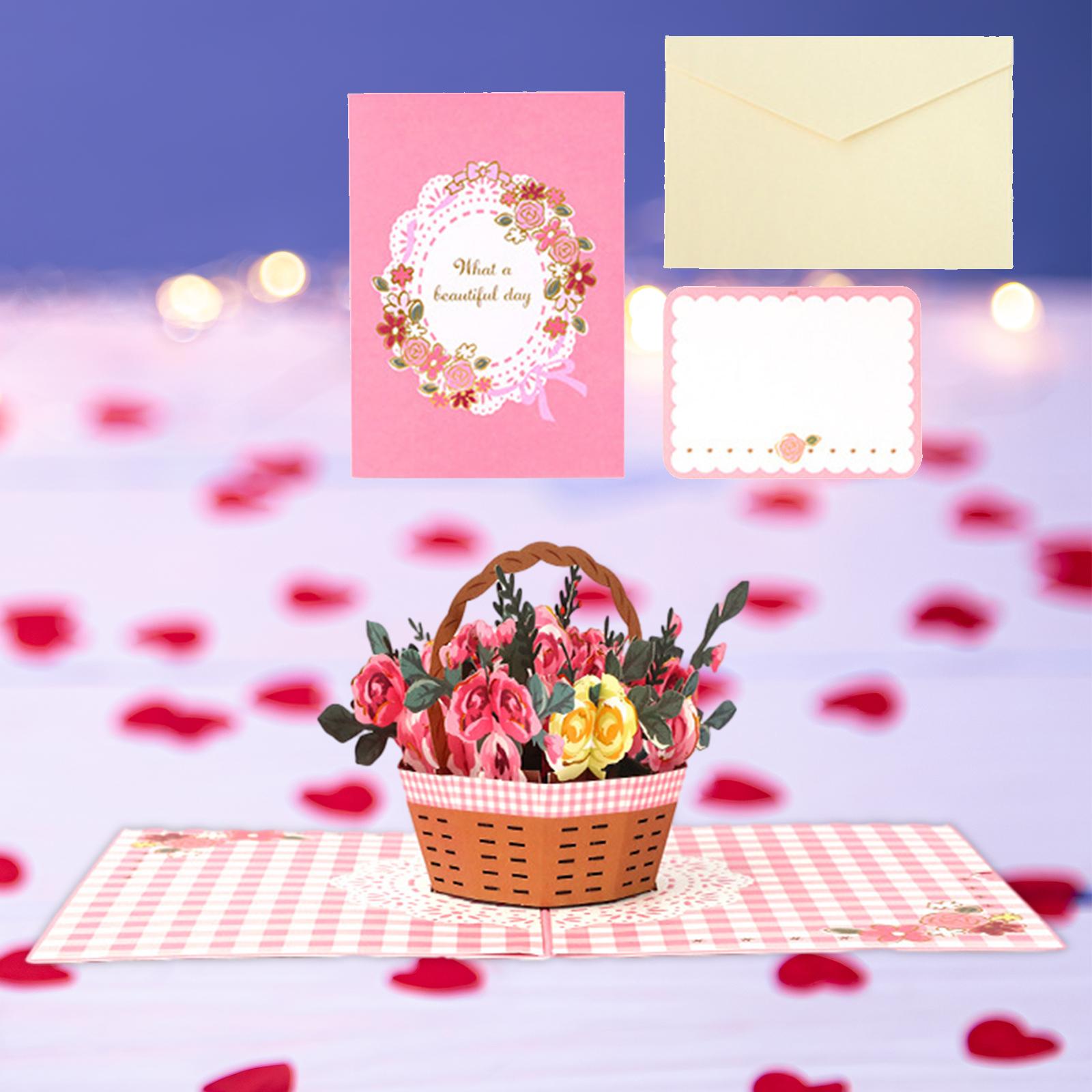 Popup Valentines Day Card Rose Basket for Graduation Anniversary Fathers Day
