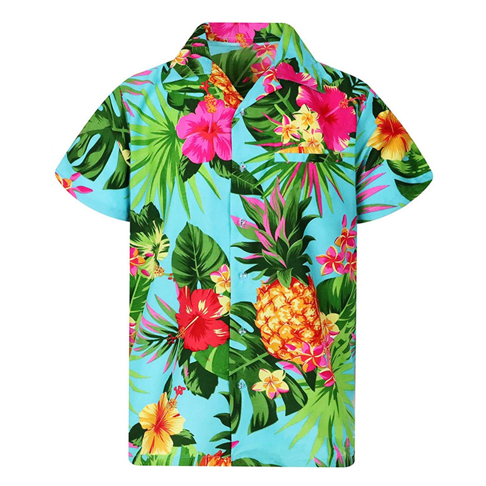 Men Hawaiian Shirt Blouse Top Light Palm Printed Button Beach Party XL