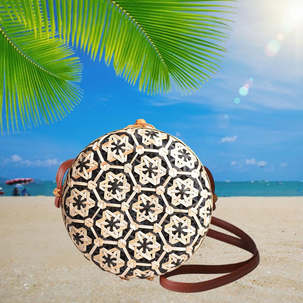 Crossbody Women Lady Round Bamboo Summer Woven Beach Shoulder Bag Black