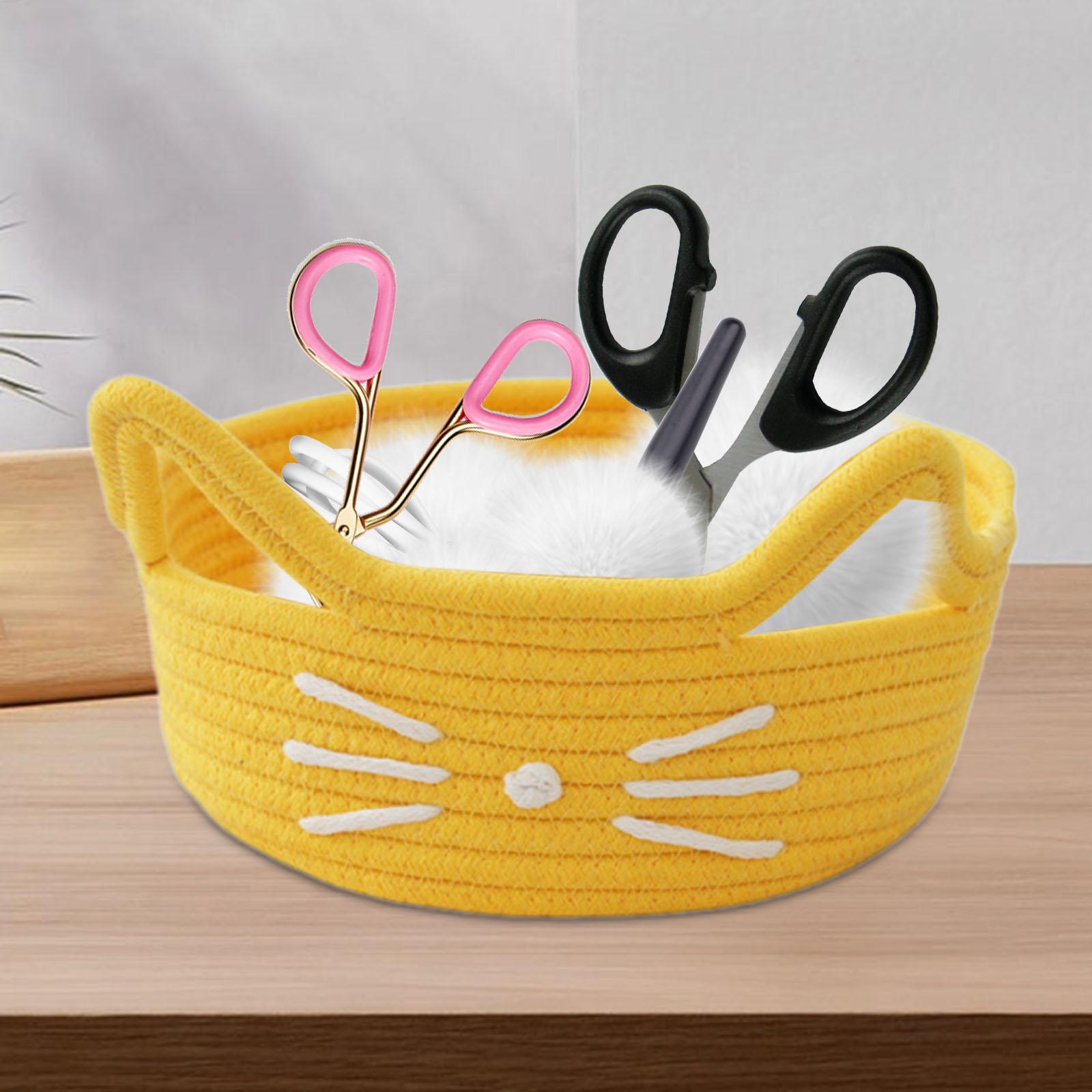 Cartoon Cat Cotton Rope Basket Lightweight for Hotel Drawing Room Restaurant Yellow