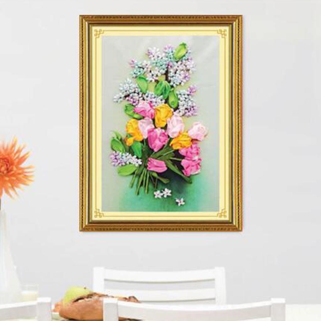 Ribbon Embroidery Kits DIY Tulip Flower Painting Kit Stamped Cross Stitch