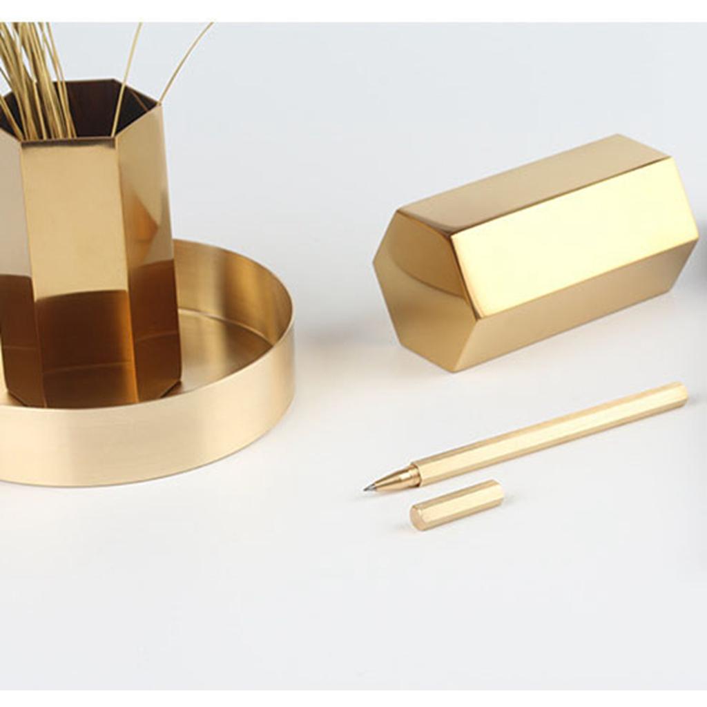 Gold Hexagonal Pen Pot, Featuring a polygon-shaped metal pencil holder with modern style, simple metal plated