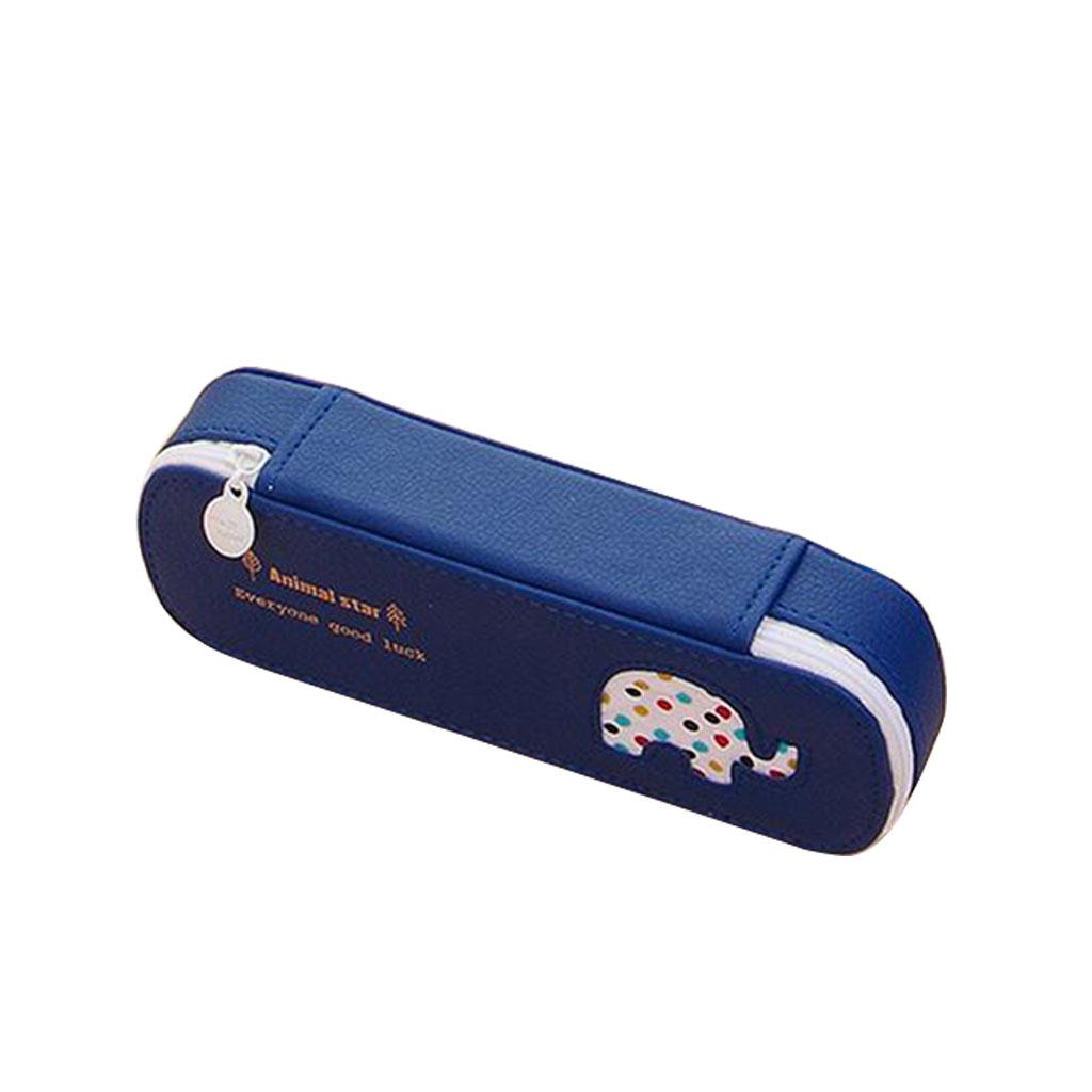 Waterproof PU Zipper Pencil Bag Pen Holder Stationery Storage Blue