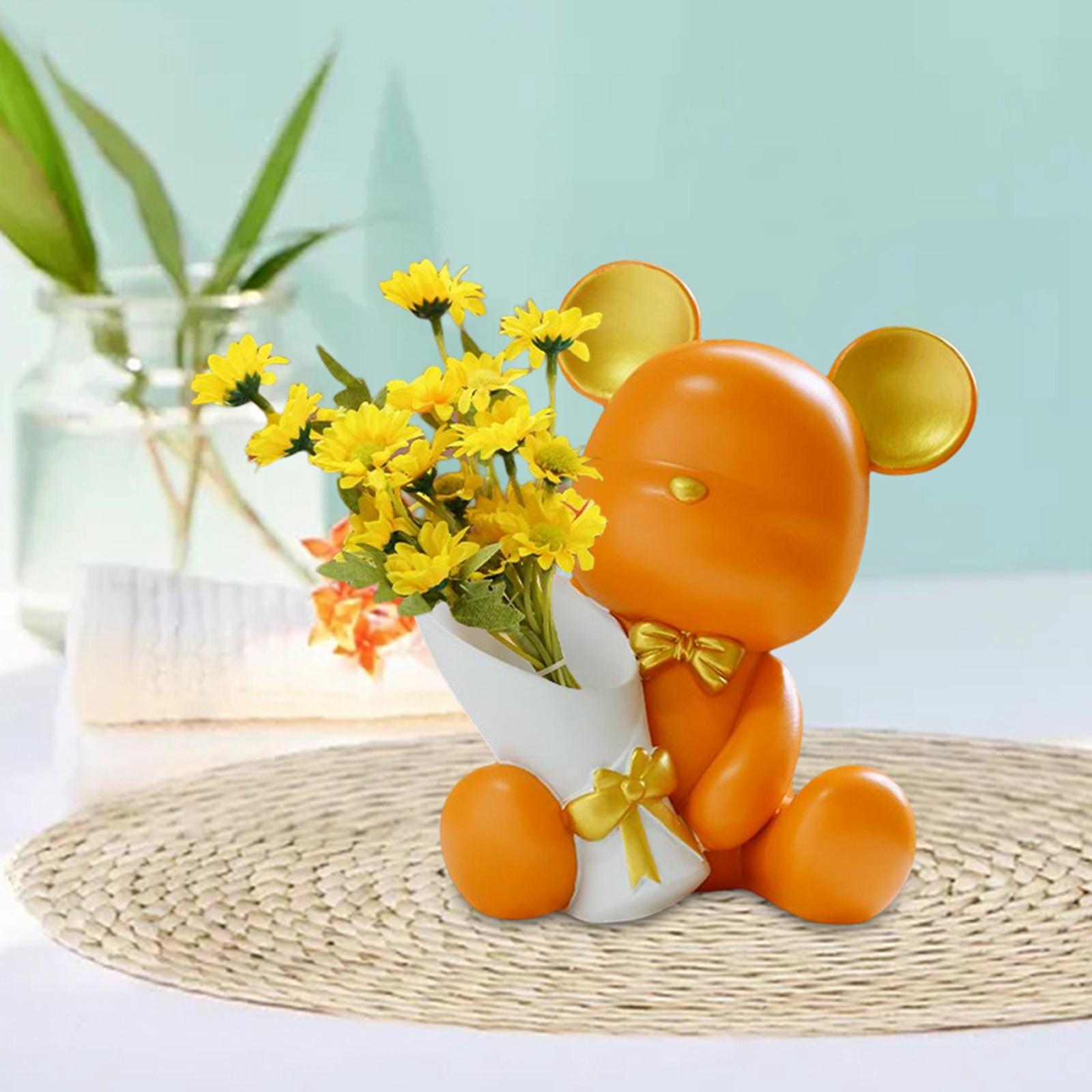 Bear Figurine Sculpture Ornament Living Room Decor Flower Arrangement Orange