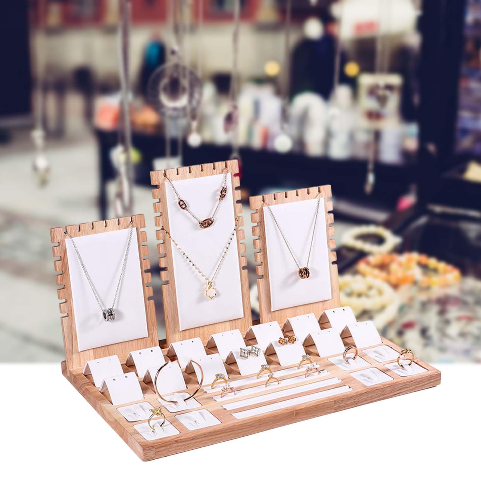 Jewelry Display Stand Bamboo for Earrings Rings Necklace White PU Leather
