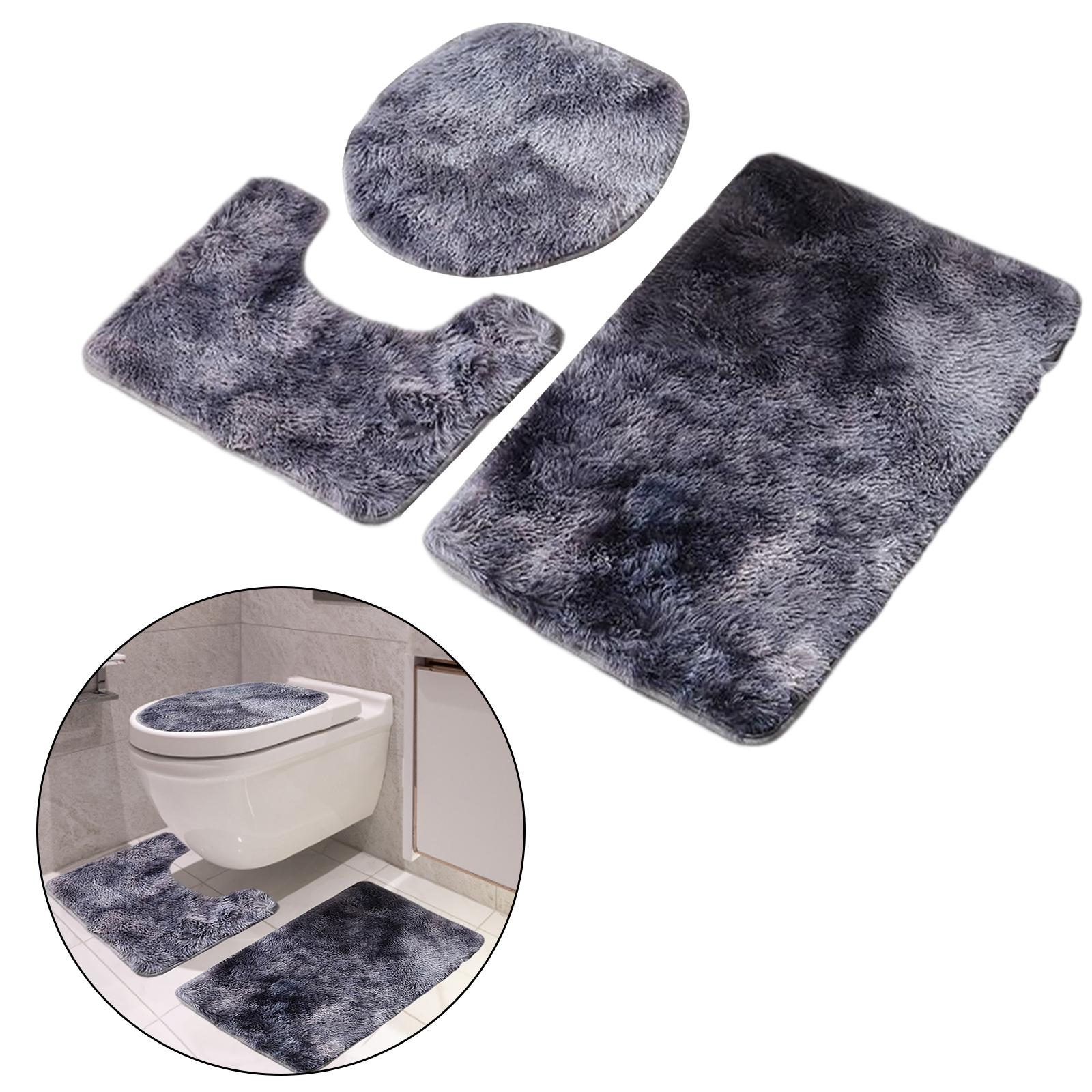 3x Bath Mats Set with Toilet Lid Cover Absorbent Large Carpet for Tub Gray
