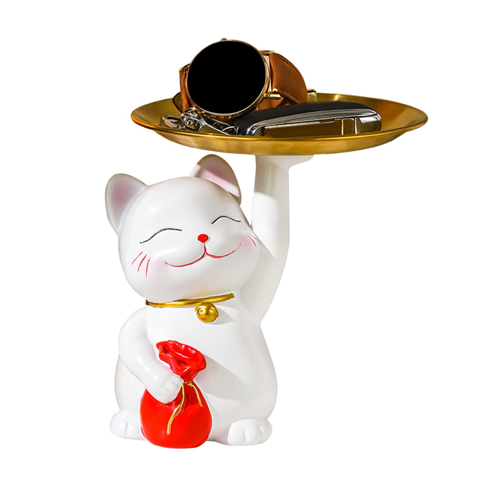 Lucky Cat Sculpture Serving Tray Birthday Gift Table Bar Desk Storage Statue