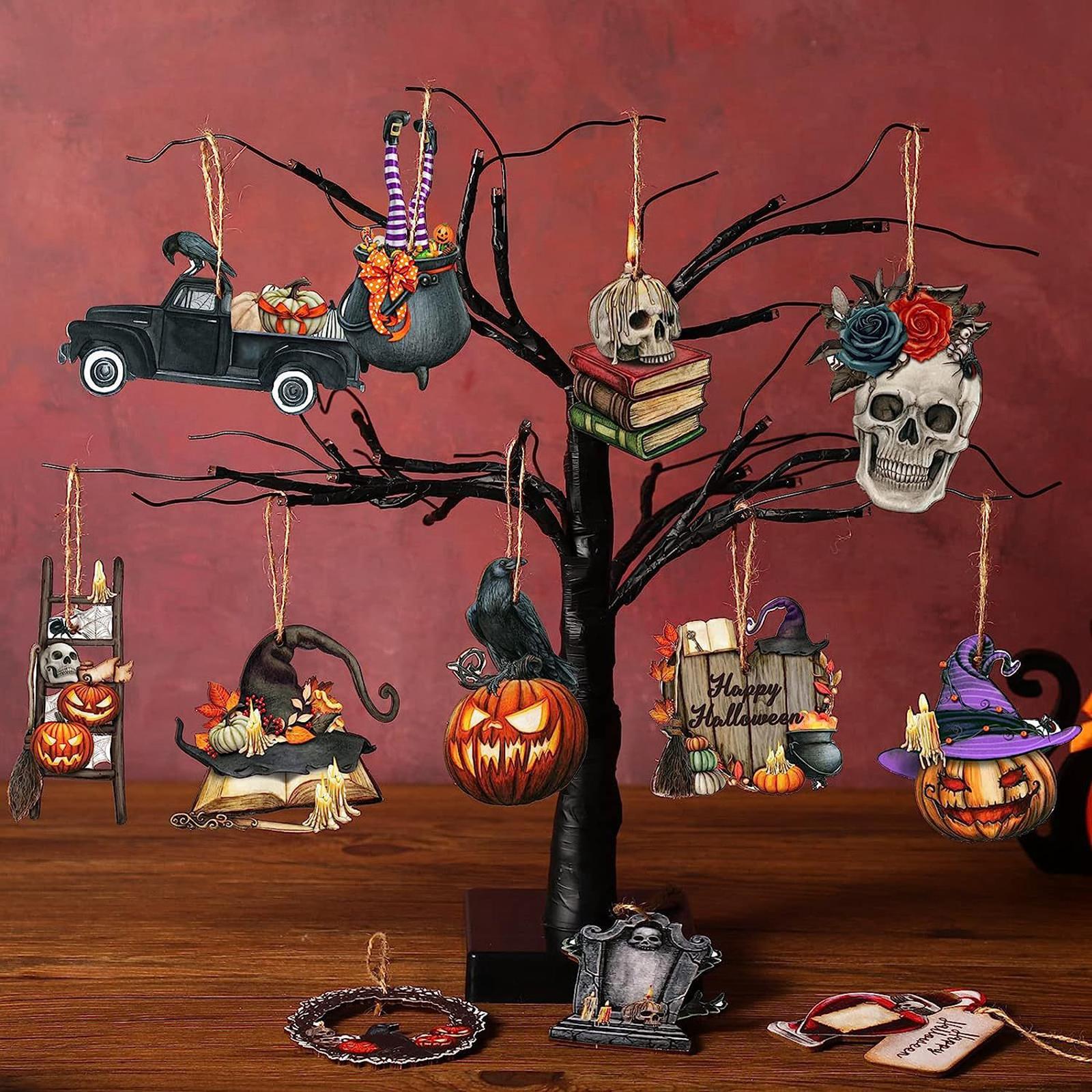36Pcs Halloween Wood Tree Ornaments Skull Tree Hanging Signs for Window