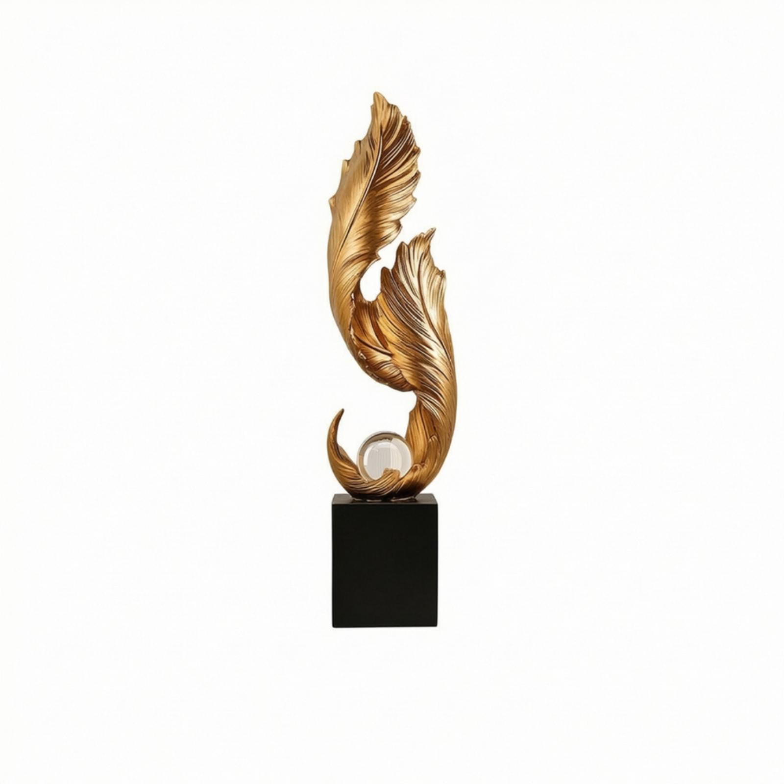 Standing Ornament with Crystal Ball Tall Feather Sculpture with Pedestal Decorative Tabletop Statue for Living Room, Tv Cabinet Gold Feather 8CM