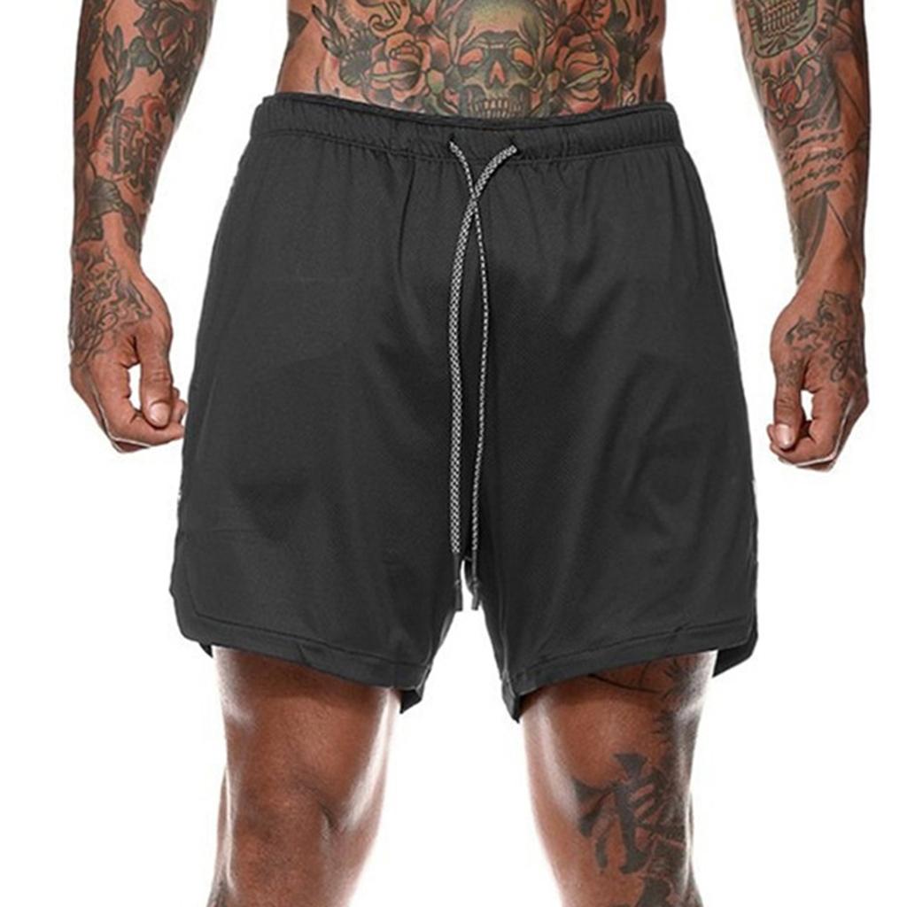 2 in 1 Men Running Shorts Built In Base Layer Short Pants Pocket Black L