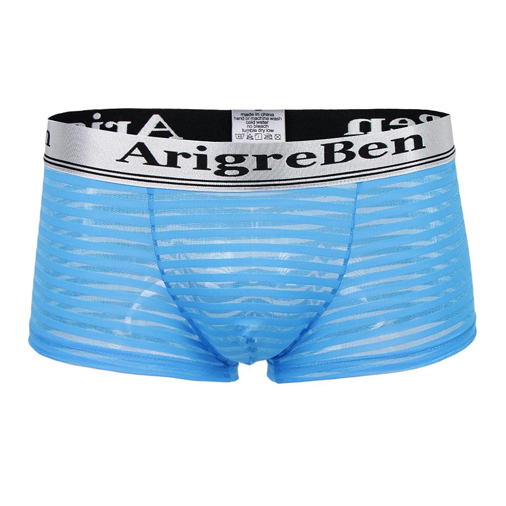 Men's Breathable Mesh Stripe Low Waist Boxer Briefs Underwear Shorts M Blue