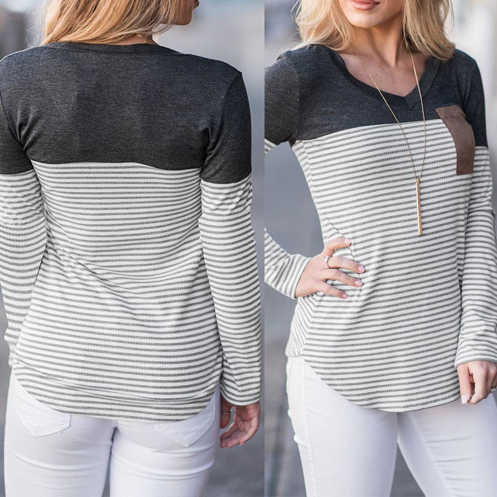 Women Striped Suede Pocket Spliced Long Sleeve Slim T-shirt L Gray