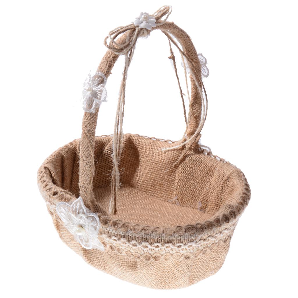 Hessian Burlap Flower Girl Basket Wedding Ceremony 27cm