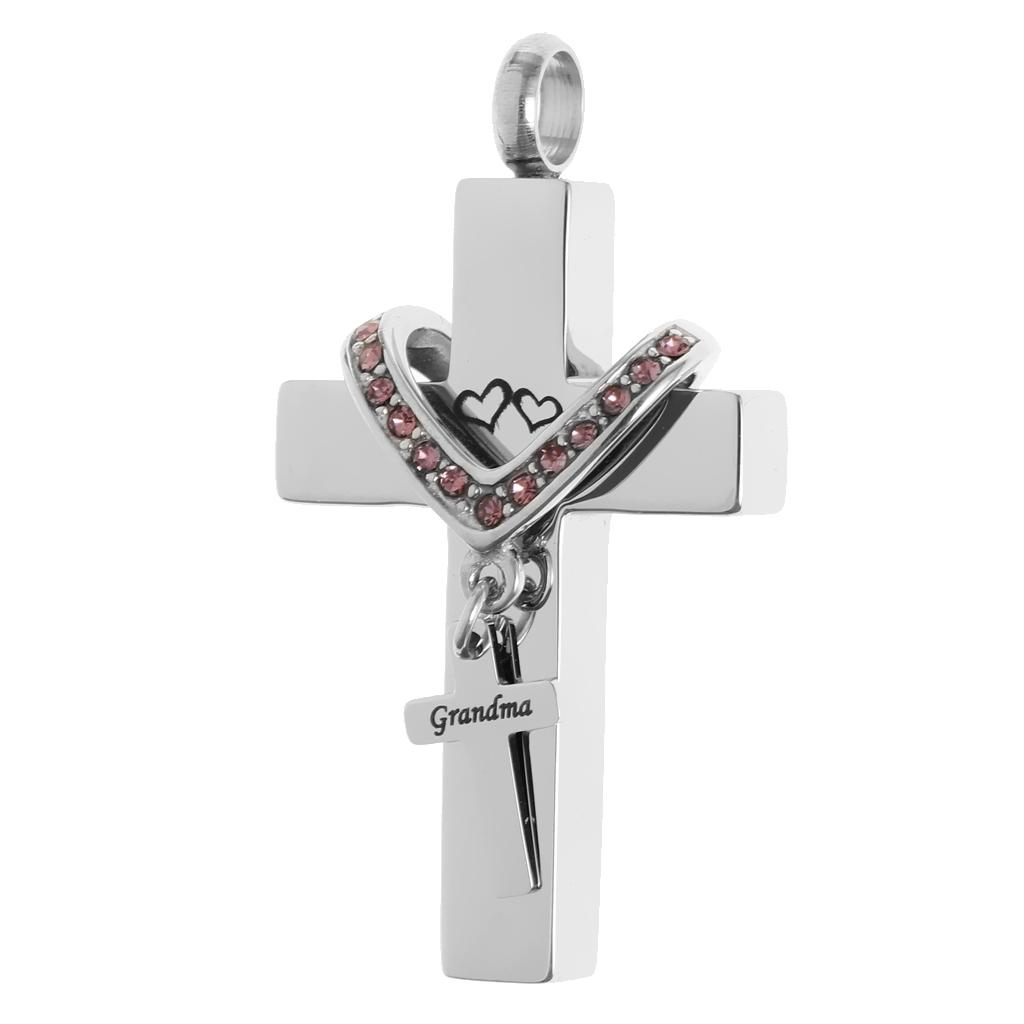 Double Cross with Crystal Stainless Steel Cremation Family Keepsake Grandma