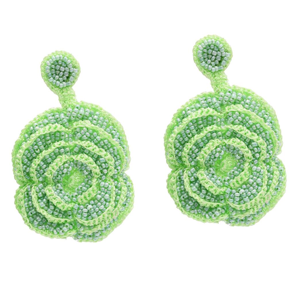 Exaggerated Rose Flower Dangle Earrings Beads Exquisite Studs Jewelry Green