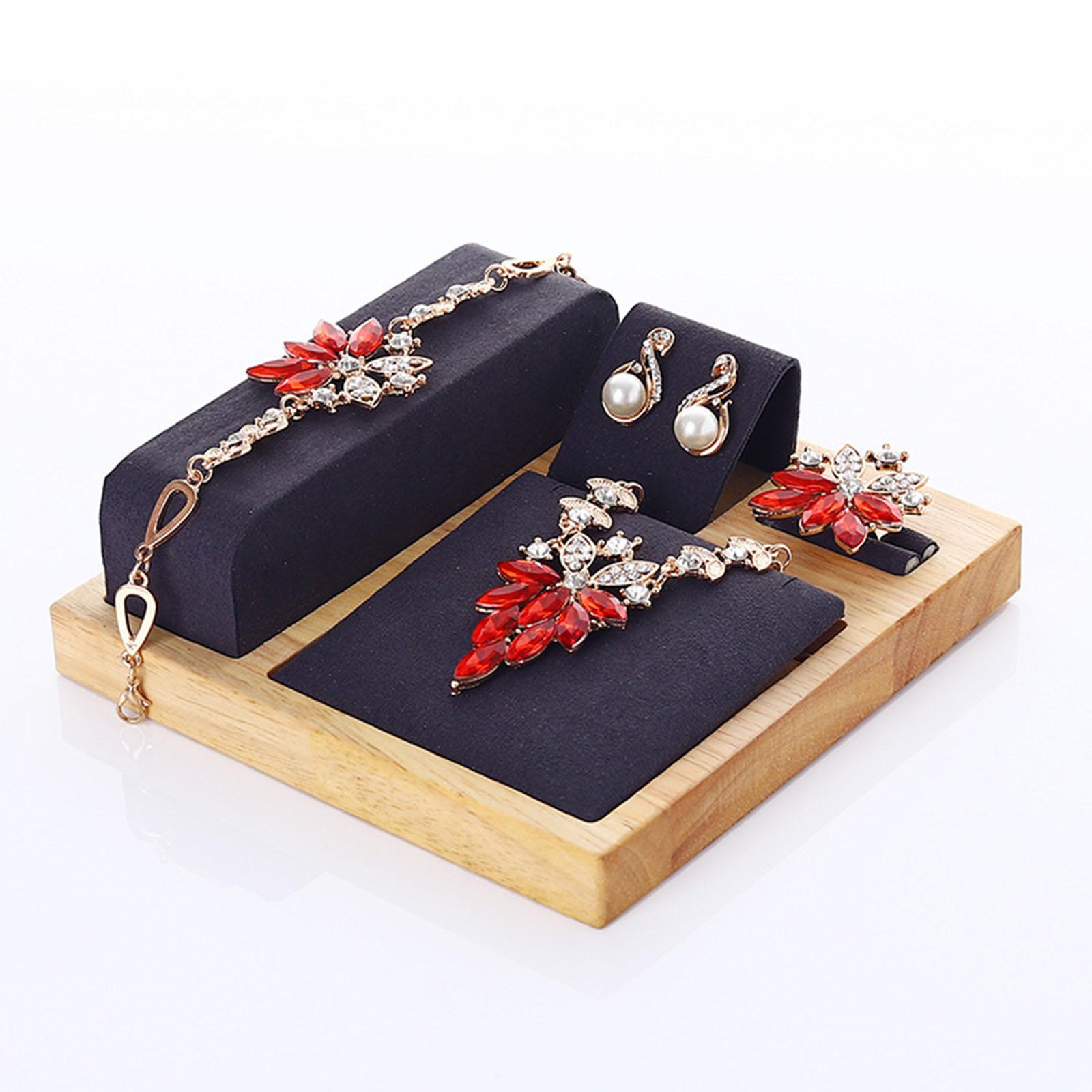 3x Wooden Velvet Jewelry Set Display Stand Necklace Earrings Holder