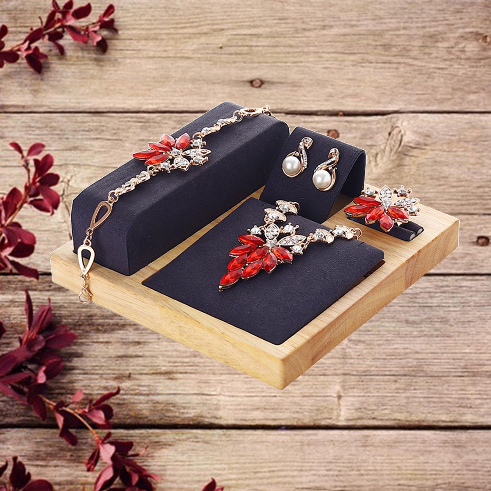 Wooden Velvet Jewelry Set Display Stand Necklace Earrings Holder Dark Grey