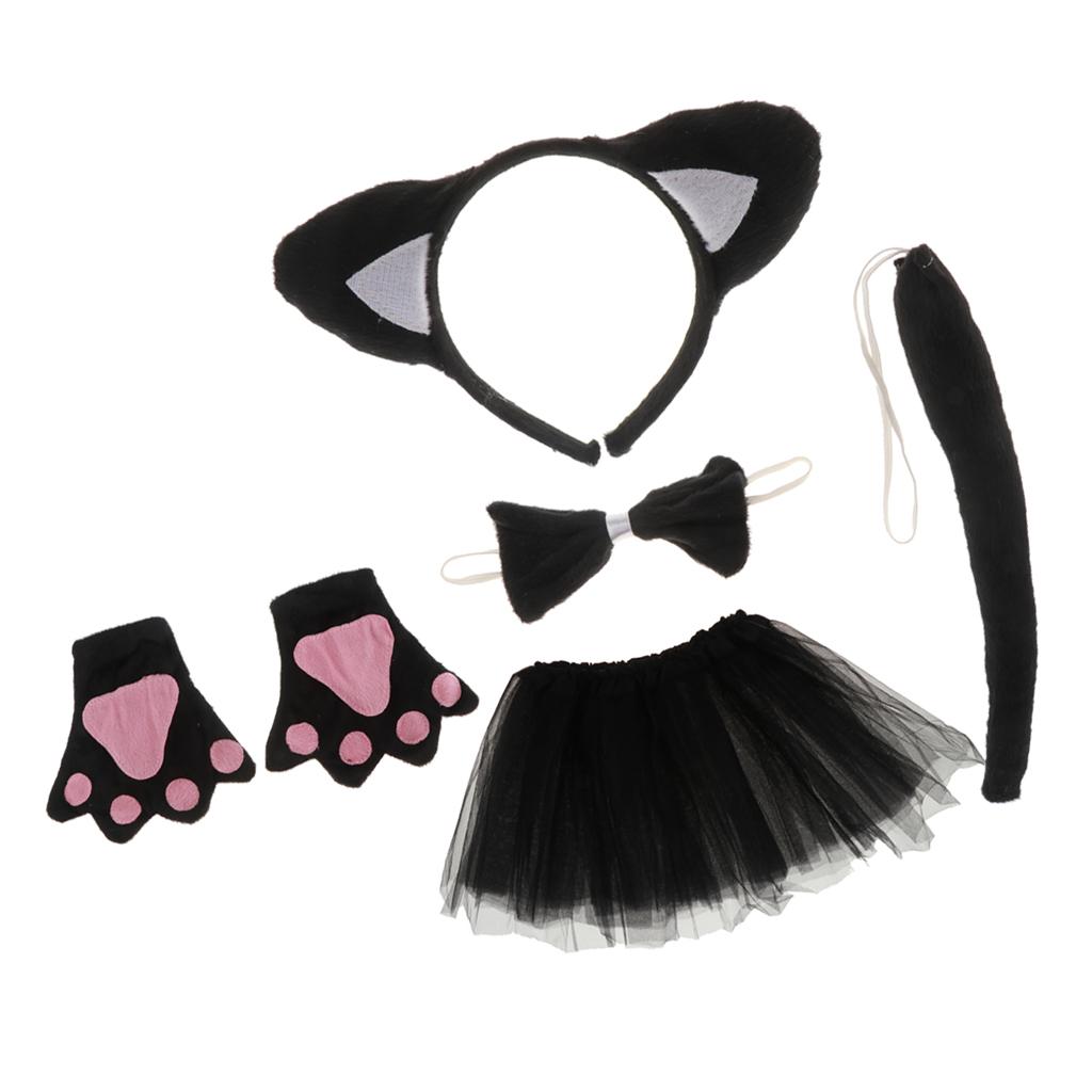 5pcs//set Girls Kids Black Cat Rabbit Calf Costume Headband Skirt Bow Gloves Tail