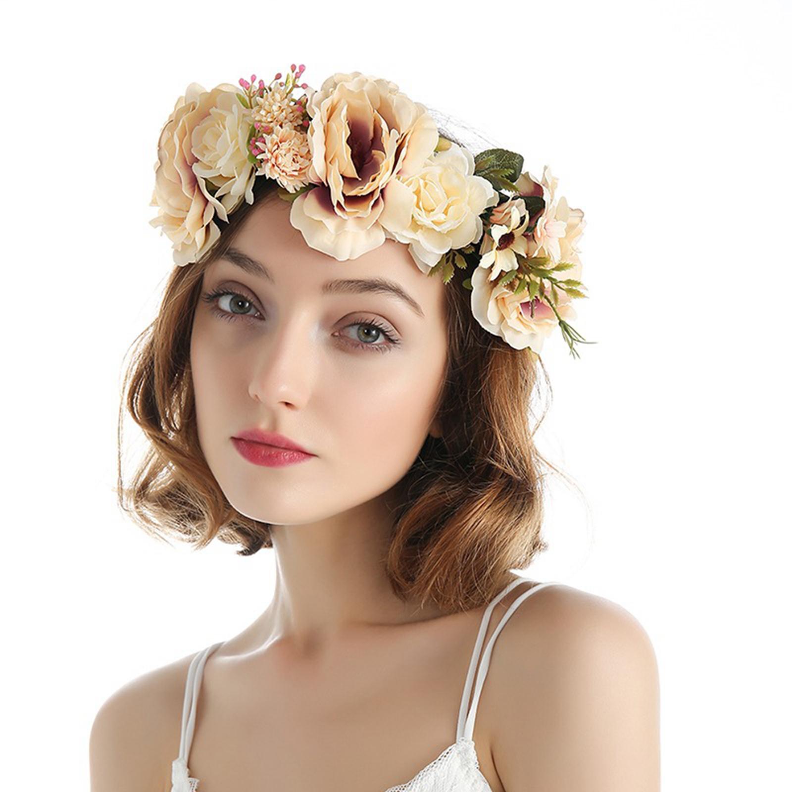Bridal Flower Garland Hairband Fairy Garland for Festival Wedding Bridesmaid Champagne