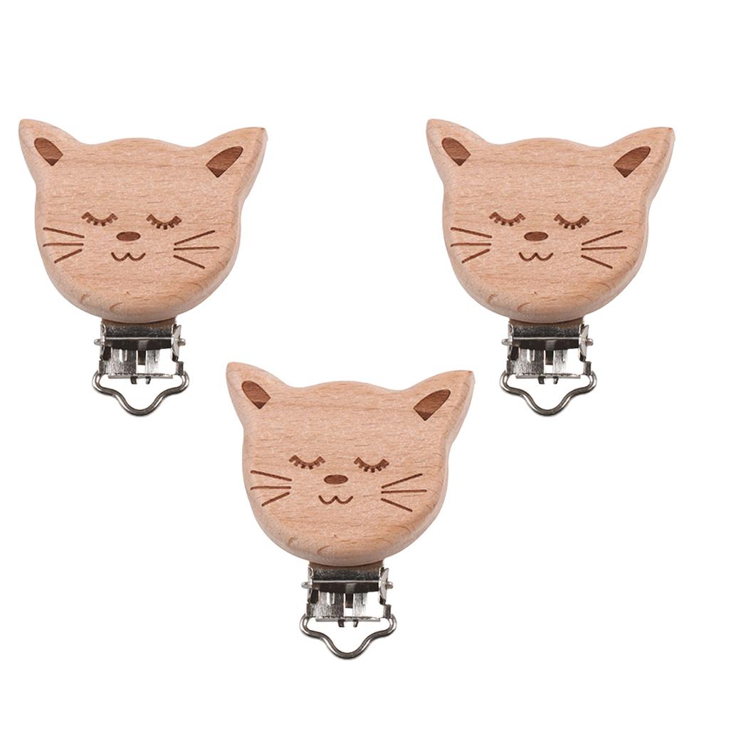 3 Pack Baby Pacifier Chain Clip Pacifier Clip Wooden Clips 42x48mm kitty