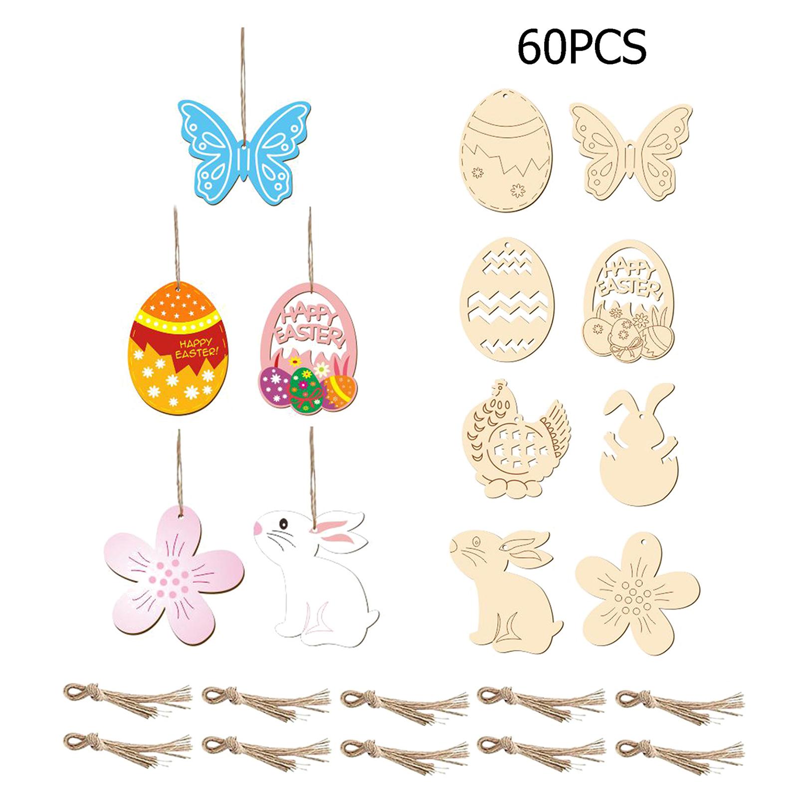 60Pcs Random Mixed Wooden Slices Ornaments Hanging Pendant for Easter DIY