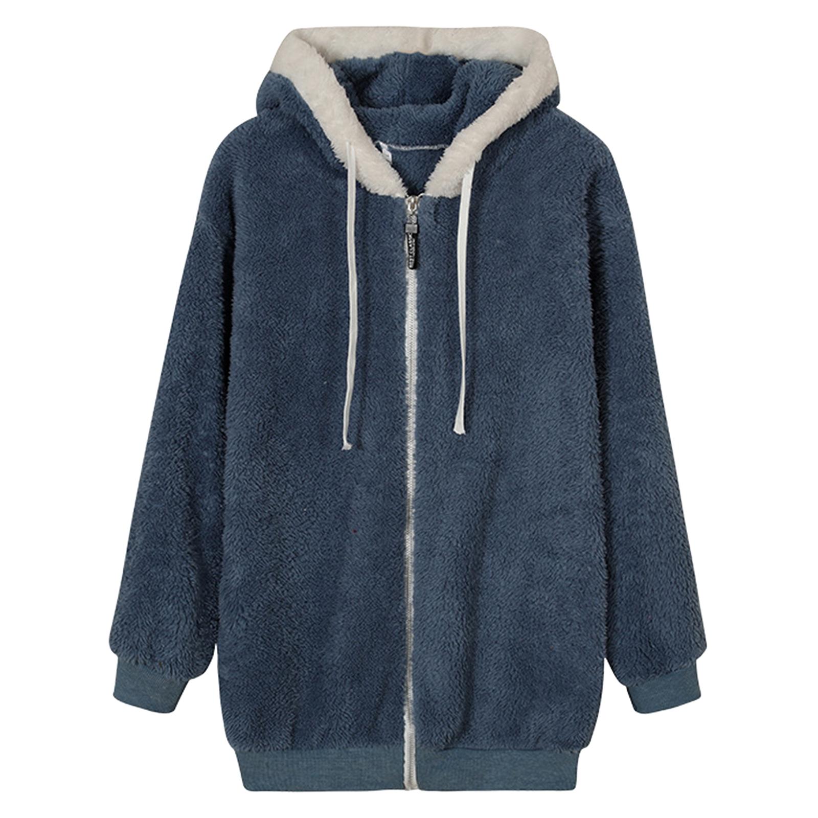 Casual Women Jacket Overcoat Warm Soft Trendy Winter Fleece Coat M Blue