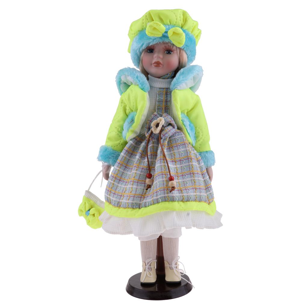Lovely Girls Porcelain Doll With Wood Display Stand Green