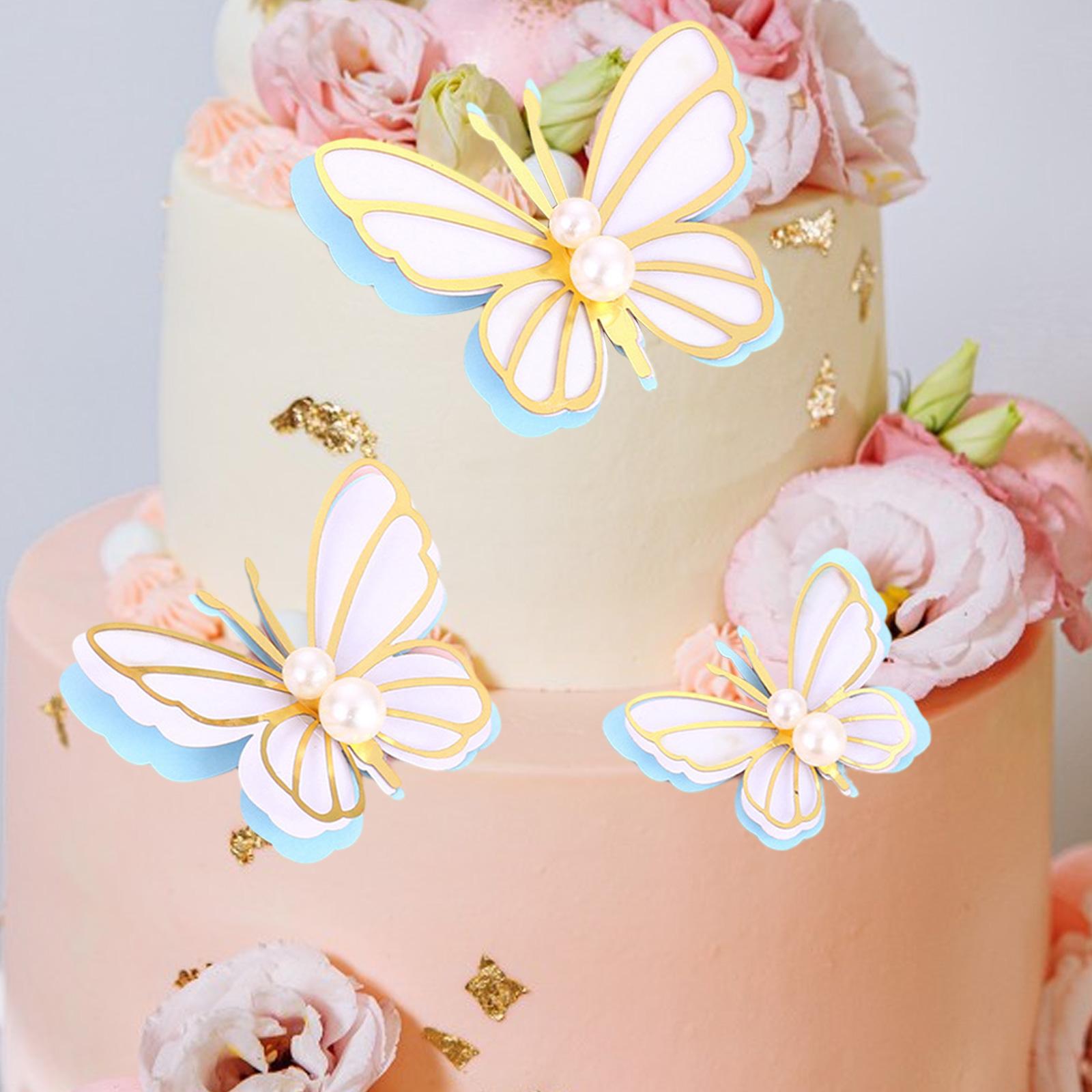 3 Pieces Butterfly Cake Toppers Wedding Small Happy Birthday Cupcakes Toppers blue